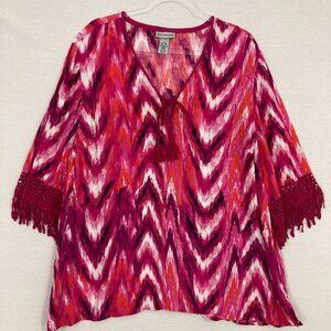 Catherines Pink Chevron V Neck Tie Front Lace Detail Relaxed Top 1X